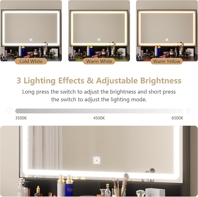 Makeup Vanity Desk with Mirror and Lights, Vanity Desk with 5 Drawers & Storage Shelves, Makeup Vanity Set with Cushioned Stool, 3 Modes Adjustable Sliding LED Mirror for Bedroom, Black