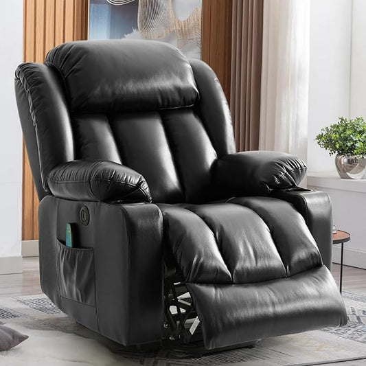 Power Lift Recliner Chair for Elderly, Electric Recliner Chairs for Adults with Massage and Heat, Cup Holders, Remote Control, USB Ports, Side Pockets, Leather (Black)