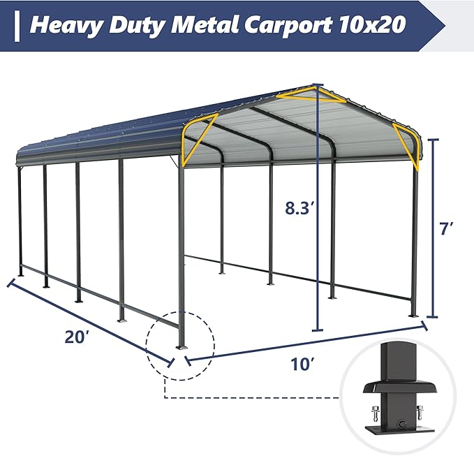 SUNBURY 10x20 FT Carport, Heavy Duty Car Port Canopy with Galvanized Steel Roof, Outdoor Garage Car Shelter Shade with Heavier Metal Frame, for Car, Boat, Pickup and Tractors, Grey