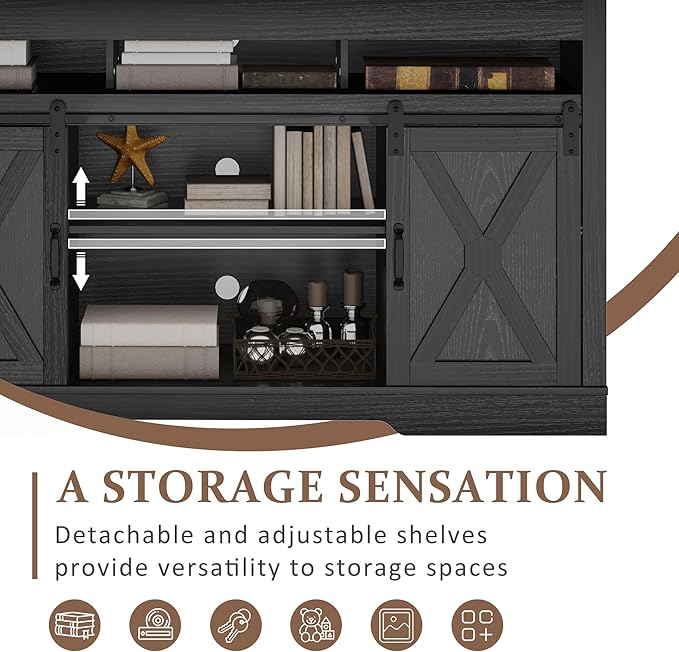 Farmhouse TV Stand for 65+ Inch TV, 34'' Tall Entertainment Center with Sliding Barn Doors, Rustic Wood Media Console Storage Cabinet Television Stand for Living Room, Bedroom (Black)