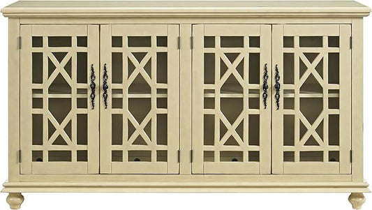 Martin Svensson Home Orsey 63" Solid Wood TV Stand - Antique Cream White Finish - Rustic Style and Parisian Design Inspired - with Two Spacious Cabinets with Adjustable Shelves for Storage.