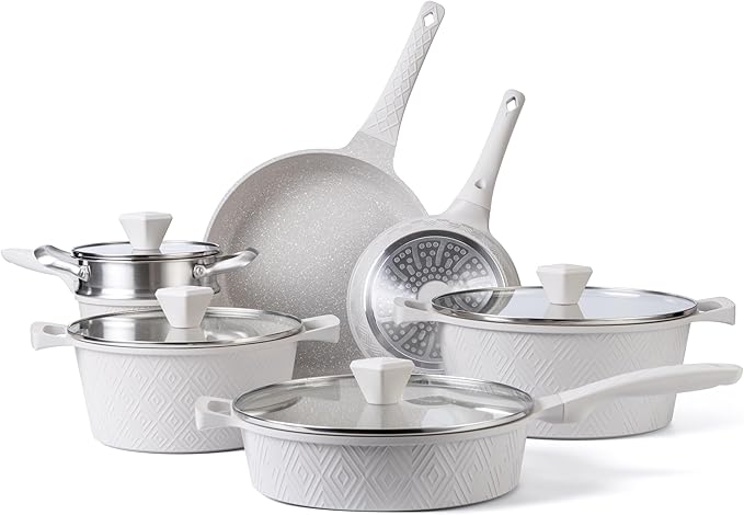 Country Kitchen Non-Stick Cast Aluminum Cookware Set - Durable Kitchen Cookware for Everyday Cooking, Cream Rhombus, 11 Pc.