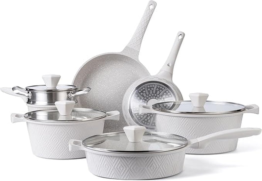 Country Kitchen Non-Stick Cast Aluminum Cookware Set - Durable Kitchen Cookware for Everyday Cooking, Cream Rhombus, 11 Pc.