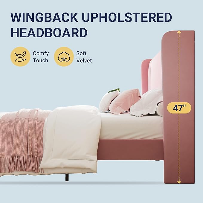 Allewie Full Size Velvet Platform Bed Frame with Vertical Tufted Wingback Headboard, Easy Assembly, Under Bed Storage, No Box Spring Required, Modern Style, Pink