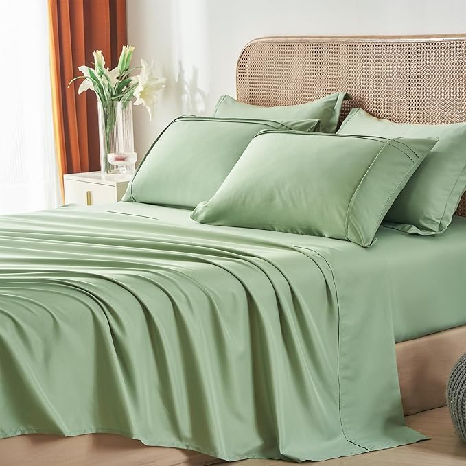 Yogeneg Full Size Comforter Set 7 Piece Bed in a Bag,Grid Pinch Pleat Sage Green Bedding Set,Striped Textured Soft Microfiber Comforter with Sheet Set,All Season Complete Bed Set(Sage Green,Full)