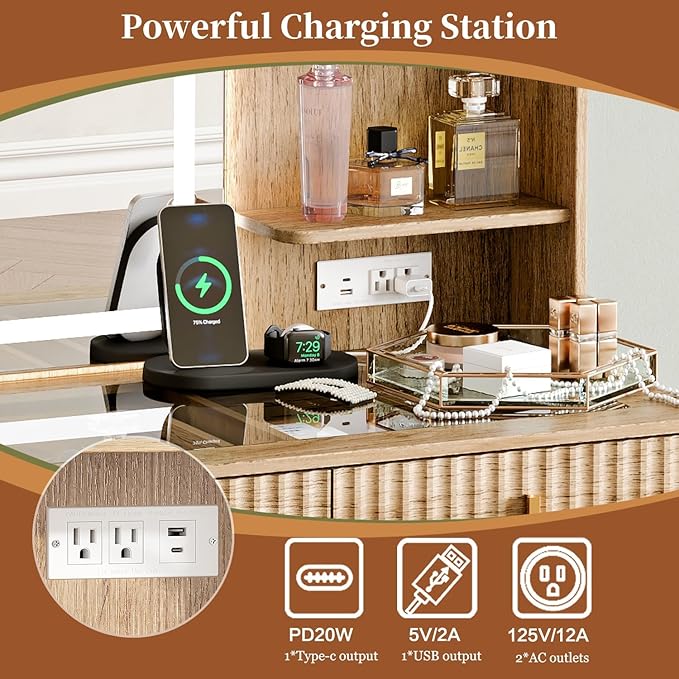 Large Makeup Vanity Desk with Mirror and Lights, Vanity Desk with 6 Drawers & Storage Shelves, Vanity Table with Power Outlet, 3 Color Modes & Adjustable Brightness Dressing Table, Bedroom,Oak