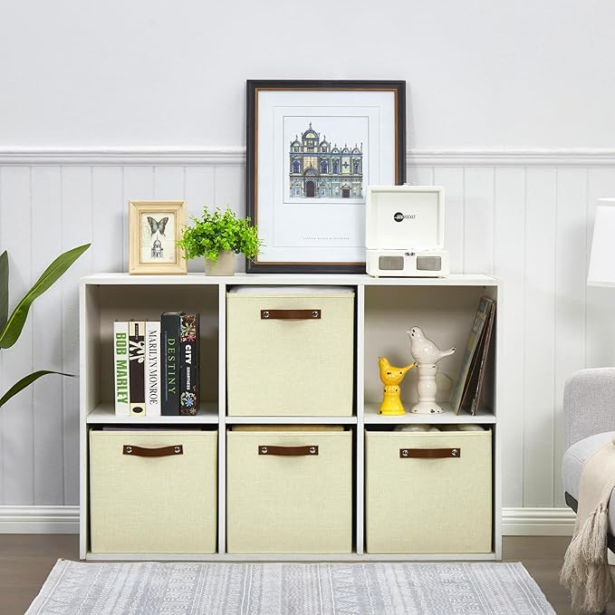 Collapsible Fabric Storage Cube Bins with 2 Reinforced PU Handles, Foldable Storage Organizer Baskets for Closet, Shelves, Living Room | 13"x13"x13", 4 Pack, Full Beige