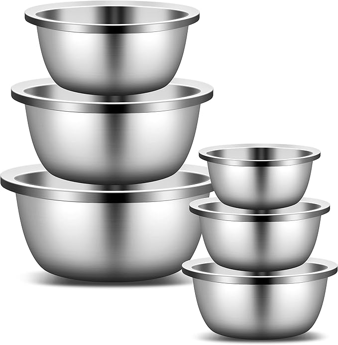 Enther Mixing Bowls - Set of 6 Stainless Steel Mixing Bowls with 304 Stainless Steel - Heavy Duty, Easy To Clean, Nesting Bowls Space Saving Storage, Great for Cooking, Baking, Salad, Silver