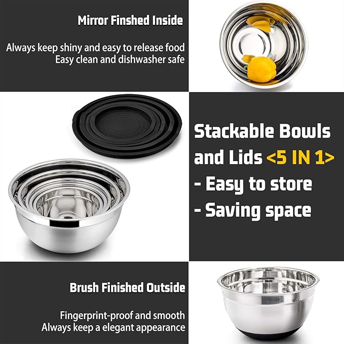 P&P CHEF Mixing Bowls with Lids Set of 5, Stainless Steel Nesting Salad Bowl with Lid & Base for Non-slip Mixing Prepping Storing Serving, 5 Sizes-7/3.5/2.5/1.5/1 QT, Black