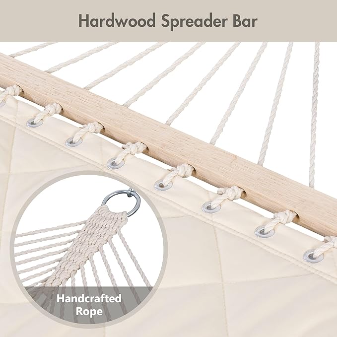 ANOW Two Person Hammock with Spreader Bars and Detachable Pillow, Heavy Duty Hammock for Outdoors Indoors, 450 LBS Weight Capacity, Cream