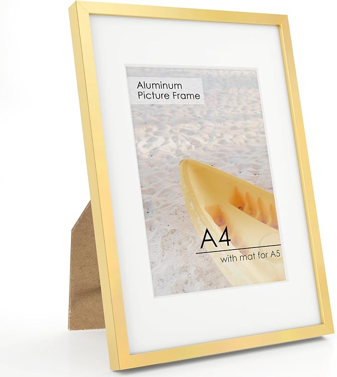 A4 Picture Frame Gold - High-End Metal 8.3 x 11.7 Frame Aluminum Frame for Wall, Photo Frame with Mat for A5, 8.25 x 11.75 Poster Frame, Certificate Frame with Glass, Wall Kit, Gold