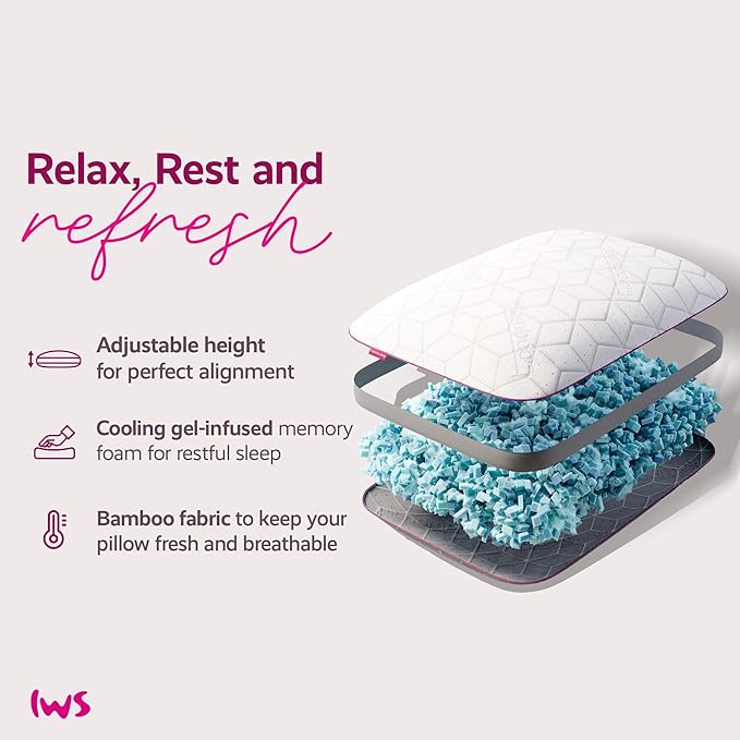 Adjustable Cooling Pillow, Neck Support, Queen Size Bed Pillows for Sleeping, Gel Cross Cut Memory Foam, Side Sleepers, Snow® Pillow