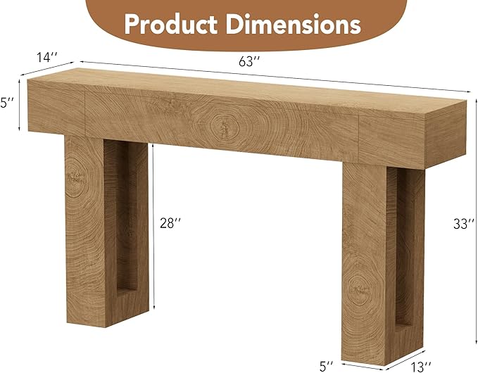 63 Inch Long Console Table, Narrow Rectangular Sofa Table Behind The Couch, Farmhouse Entryway Table for Entrance, Hallway, Living Room (Natural)