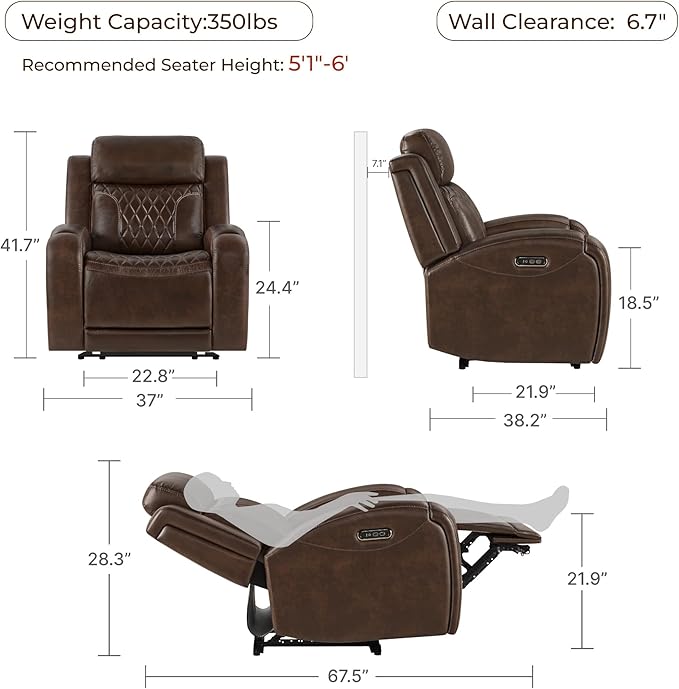CHITA Genuine Leather Recliner Chair for Adults with Adjustable Power Headrest, Lay Flat Power Recliner with Slide-Out Cupholders & USB/Type-C Ports, Living Room Chair, Brown