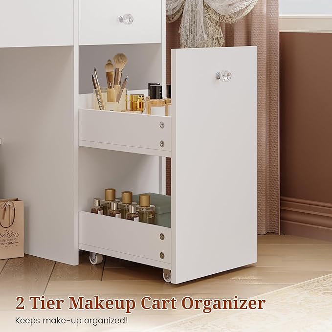 Vanity Desk with Mirror and Lights,Power Outlet,3 Drawers,Pull-Out LED Mirror with 3 Light Modes,Brightness Adjustable,Rolling Makeup cart,Crystal Handles, hairdryer Rack,White