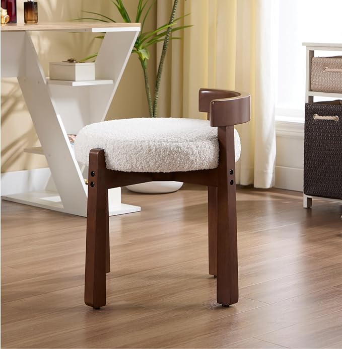 DUOMAY Modern Boucle Vanity Stool, Upholstered Low Back Ottoman with Solid Wood Legs Cute Round Footrest Makeup Stool Dressing Seat for Living Room Bedroom, White
