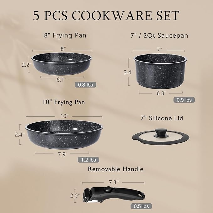 GiPP Ceramic Pots and Pans Set Non Stick, Nonstick Detachable Handle Cookware Sets, Non Toxic Induction Kitchen Pot and Pan with Removable Handle, Healthy RV Cookware, Dishwasher ＆Oven Safe, 5 Piece