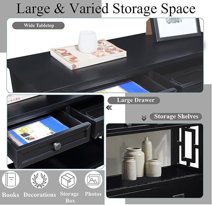 36 Inch Country Farmhouse Console Table with 4 Drawers and 1 Storage Shelf Pine Wood Suitable for Entryway Entrance Living Room Bedroom Hallway Kitchen (Black)