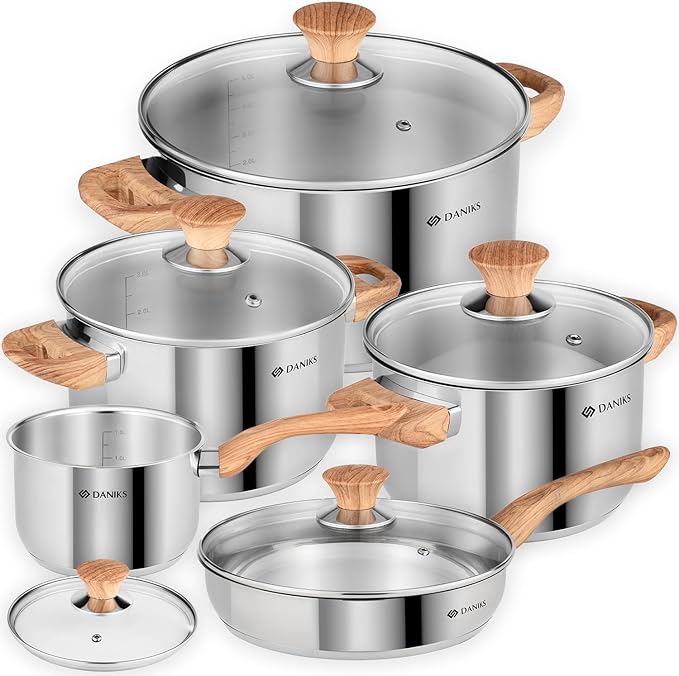 Daniks Oslo 10-Piece Stainless Steel Induction Cookware Set – Dishwasher Safe Saucepan, Frying Pan, Pots with Stay-Cool Handles, Glass Lids, Silver