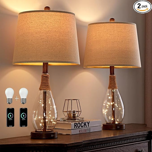 OYEARS 23" USB A+C Table Lamp Sets of 2 Modern Bedside Lamps Retro Farmhouse Rattan Glass Nightstand Nightlight Lamps for Bedroom Living Room Dorm,Two Light Points