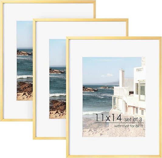 11x14 Picture Frame -11x14 Metal Picture Frame With Mat For 8x10 | 14x11 Frame Aluminum | Plexiglass And Hanging Hardware Included | 11 by 14 Poster Frame, Set of 3, Gold