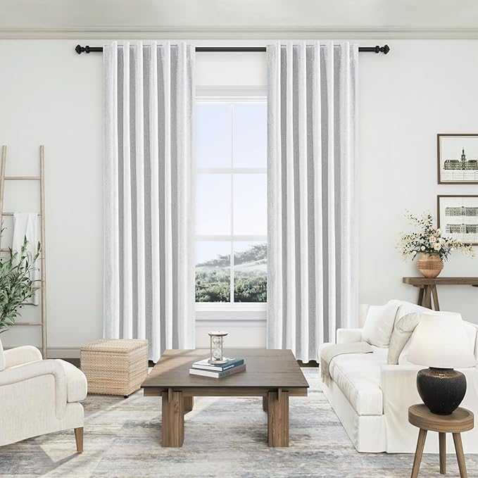 Static White Linen Blackout Curtains 84 Inch Length 2 Panels Set for Bedroom Darkening, 100% Black Out Thermal Insulated Back Tab Curtains Heating Blocking