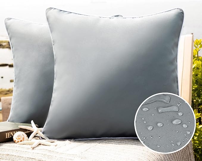 Phantoscope Pack of 2 Outdoor Waterproof Solid Throw Decorative Pillow Cover Decorative Square Outdoor Pillows Cushion Case Patio Pillows for Couch Tent Sunbrella (18''x18'', Grey)
