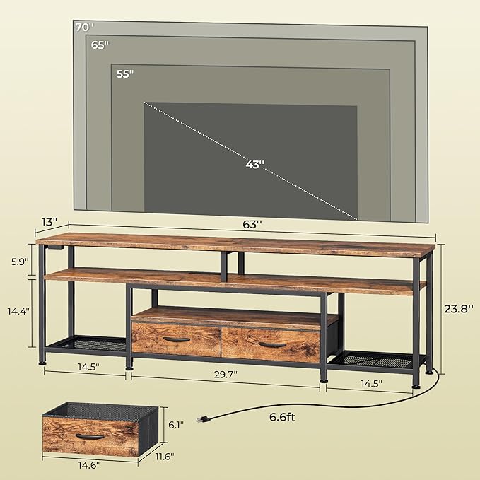 Huuger TV Stand for 65, 70 Inch TV, Entertainment Center with Power Outlets and LED Lights, TV Console for Living Room, Media Console with Drawers and Shelves, Rustic Brown
