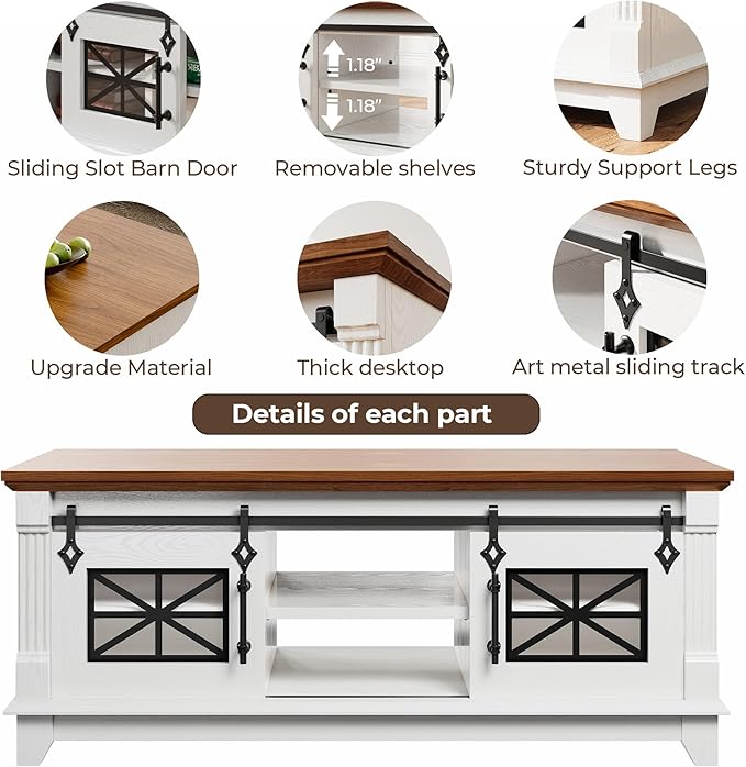 IRONCK 48'' Coffee Table with Sliding Barn Doors, Rustic Center Table with 6 Large Storage Space, Glass Doors and Adjustable Middle Shelf, Farmhouse Coffee Tables for Living Room, White