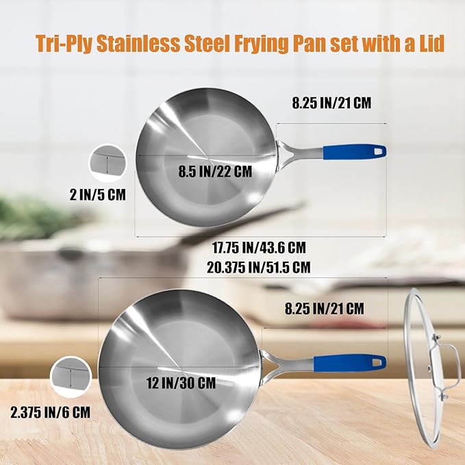 Inqibee 8.5-12 Inch Tri-Ply Stainless Steel Frying Pan set with a Lid,Skillets,Induction Cooking Pans Set,Dishwasher and Oven Safe,Detachable Handle