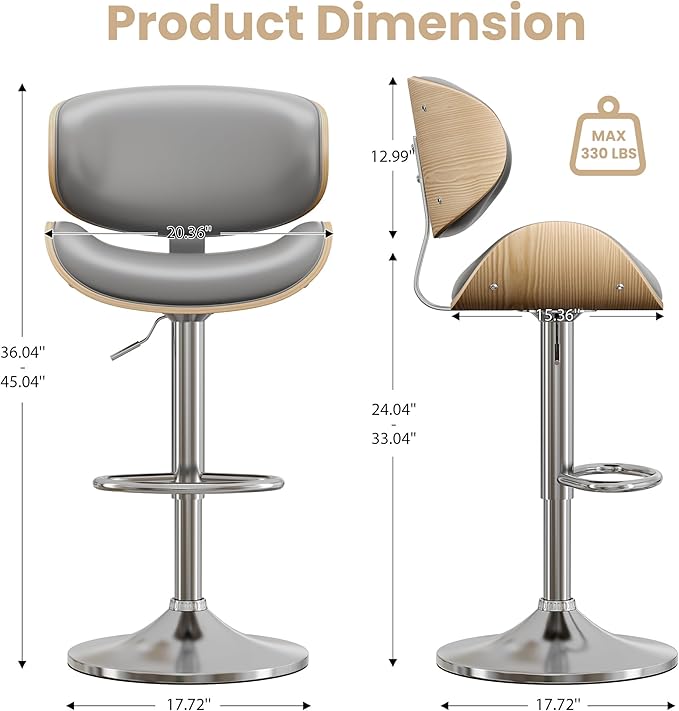 Bar Stools Set of 4, Bentwood Adjustable Height Swivel Bar Stools, PU Leather Upholstered Bar Chair with Back and Footrest for Bar, Kitchen, Grey
