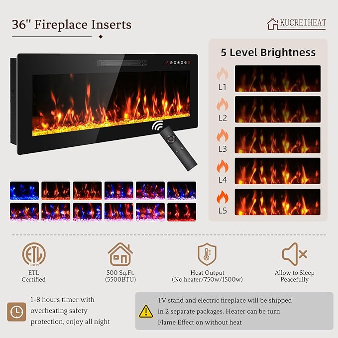 70'' TV Stand with Fireplace-Oak Grey Entertainment Center for 75+ inch TV- TV Cabinet with LED Light, Storage, High Glossy Door, Modern TV Console for Living Room