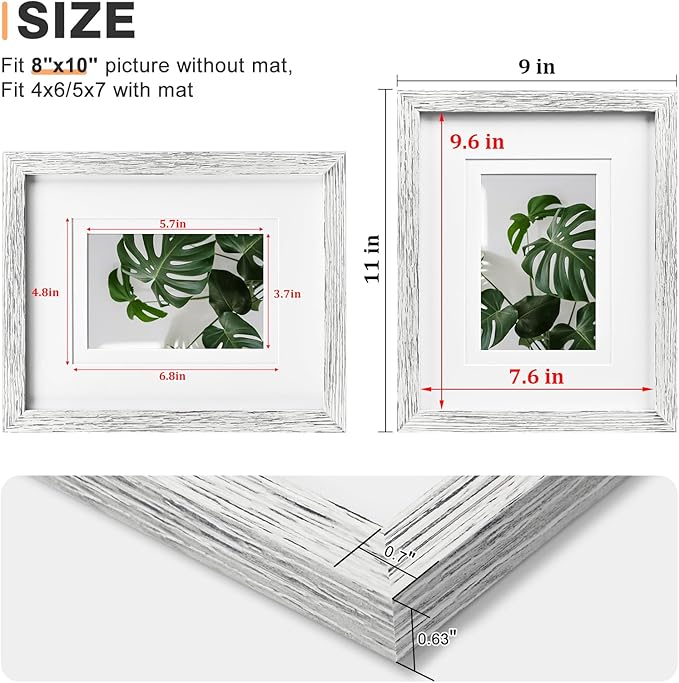 Egofine 8x10 Picture Frames Made of Solid Wood with Plexiglass, Display Pictures 4x6/5x7 with Mat or 8x10 Without Mat for Tabletop and Wall Mounting, Driftwood White
