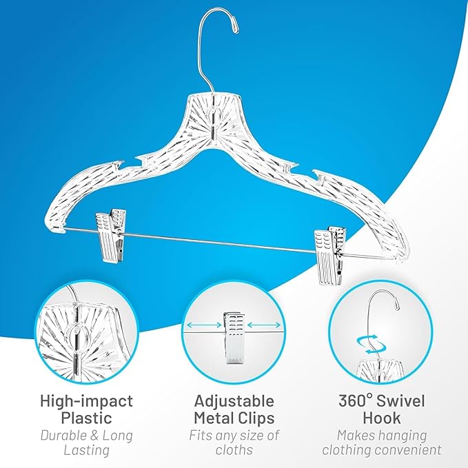 Clothes Hangers with Clips Plastic Set of 50 Pack Heavy Duty Hangers Dresses, T-Shirts Shirt Suit Hangers for Closet Organization Crystal Clear Hanger Pants Skirt Hanger Women and Men