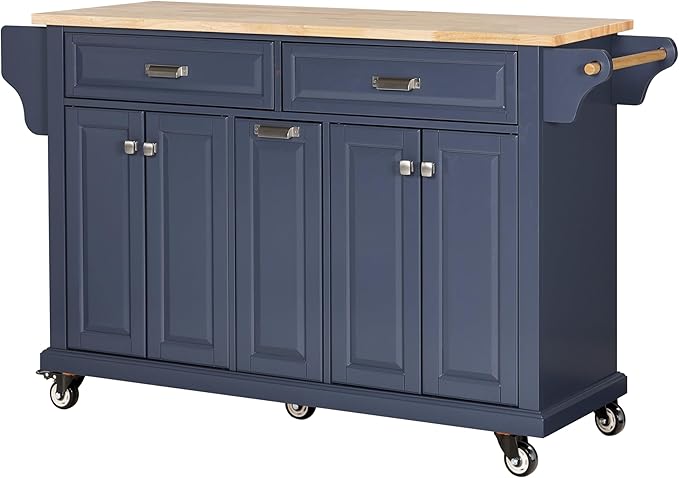 Rolling Solid Wood Kitchen Island with Rubberwood Top, 3 Drawers, 2 Cabinets, Adjustable Shelves, Spice Rack & Locking Wheels – Painted Finish, Navy Blue