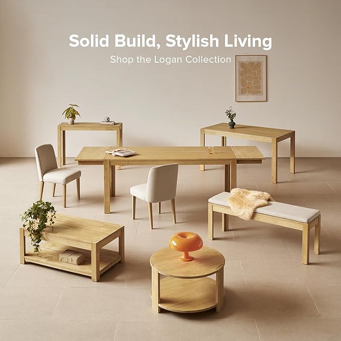 mopio Logan Solid Wood 2-Tier Rectangle Coffee Table, Modern Farmhouse Solid Rubberwood with Light Wire Brush L Shaped Leg Joint