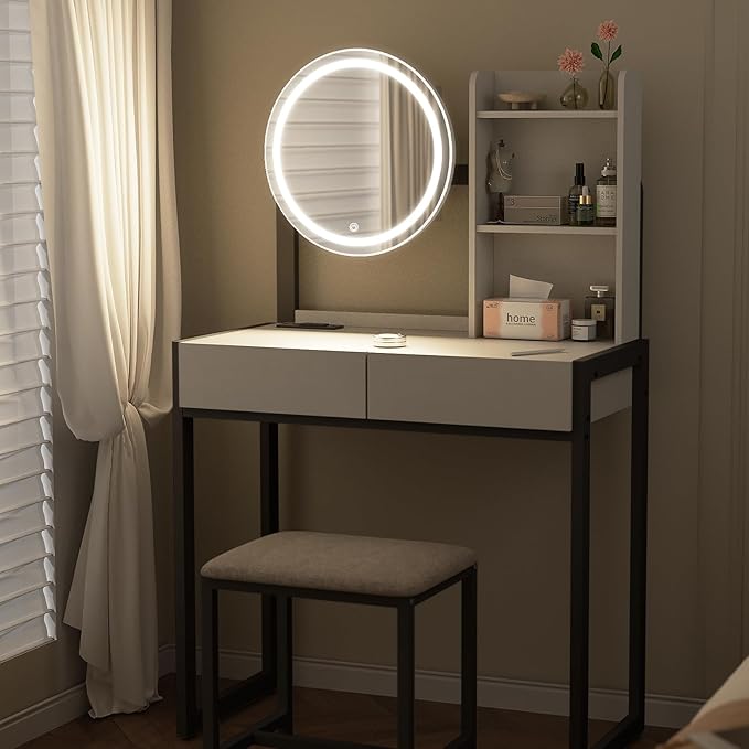 Small Vanity Desk with Mirror and Lights, Makeup Vanity Table with LED Mirror, 3 Lighting Modes, Power Outlet, Drawer, Open Shelves and Cushioned Stool for Bedroom (Black)
