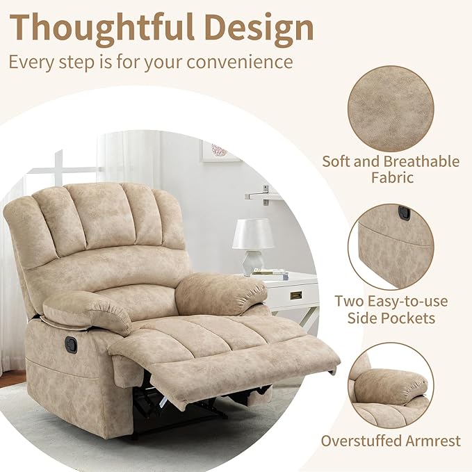 Large Recliner, 23" Wide Seat, A Recliner with Three Position, Recliner Chair Oversized with Two Side Pockets, Light Beige