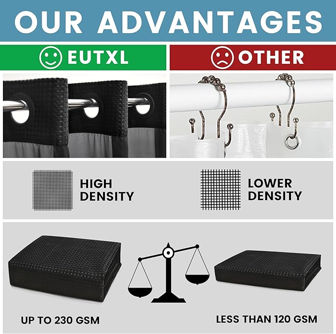 Stall No Hook Shower Curtain with Snap in Liner,230GSM Waffle Weave Shower Curtains for Bathroom,60W x 74H,Black