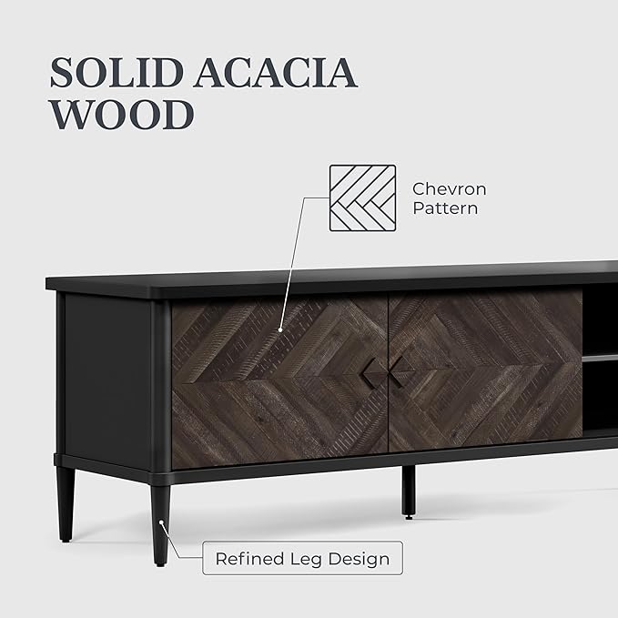 Lenia Solid Wood TV Stand – Mid-Century Modern Entertainment Center, Wooden Media Console with Chevron Doors, Adjustable Shelves & Cable Management – Sturdy Design – Mocha Black Finish