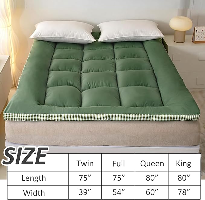 Thick Mattress Topper Queen Size - Non-Slip Mattress Pad Cover for Back Pain Breathable Folding Sleeping Pad Machine Washable Mattress Protector (60x80 inch,Green)