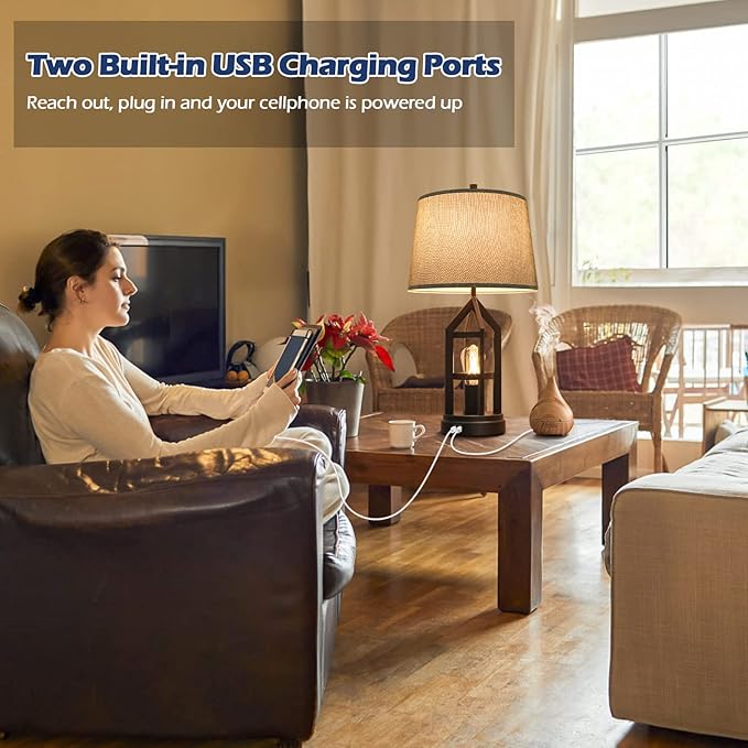 BesLowe 2-Light Farmhouse Rustic Touch Table Lamps Grey, 3-Way Dimmable Bedside Lamps with 2 USB Ports for Bedroom, End Table Lamps for Living Room with Gray Shades, 4 LED Bulbs Included, Set of 2