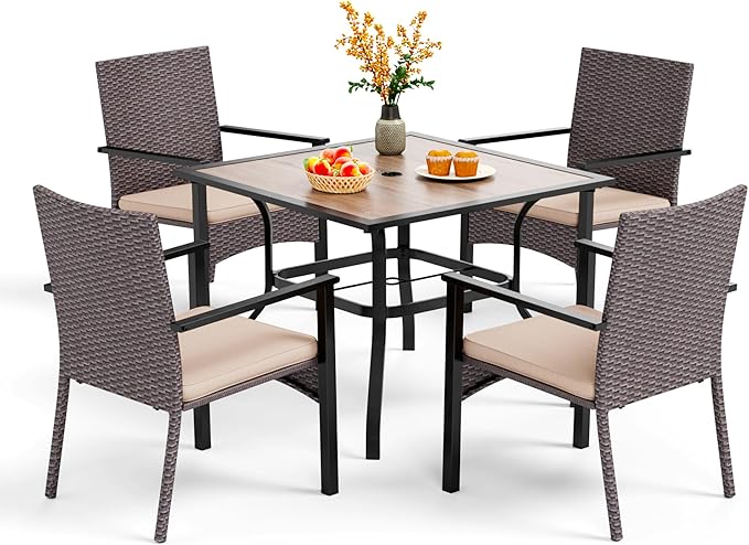 PHI VILLA 5 Piece Outdoor Dining Set for 4, 37" Wood Top Metal Dining Table & 4 Cushioned Rattan Wicker Chairs for Patio, Deck, Yard, Porch