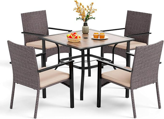 PHI VILLA 5 Piece Outdoor Dining Set for 4, 37" Wood Top Metal Dining Table & 4 Cushioned Rattan Wicker Chairs for Patio, Deck, Yard, Porch