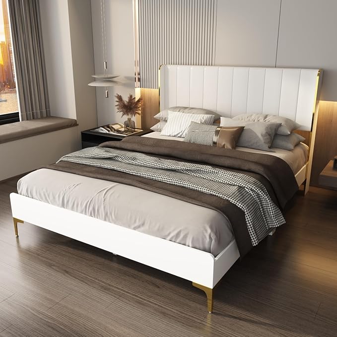 WOODTIME Queen Size Platform Bed Frame with Upholstered Heaboard, Modern Solid Wood Slat Support, Metal Legs, No Box Spring Needed, Easy Assembly, White