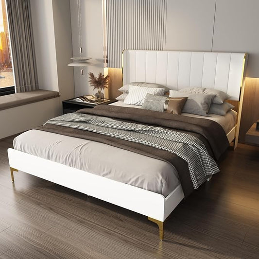 WOODTIME Queen Size Platform Bed Frame with Upholstered Heaboard, Modern Solid Wood Slat Support, Metal Legs, No Box Spring Needed, Easy Assembly, White