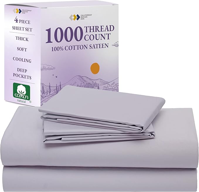 California Design Den Queen Sheet Set - Luxury 1000 Thread Count Sateen, Thick and Natural 100% Cotton Sheets, Deep Pockets, Cool and Durable Bedding Set - Lavender Grey