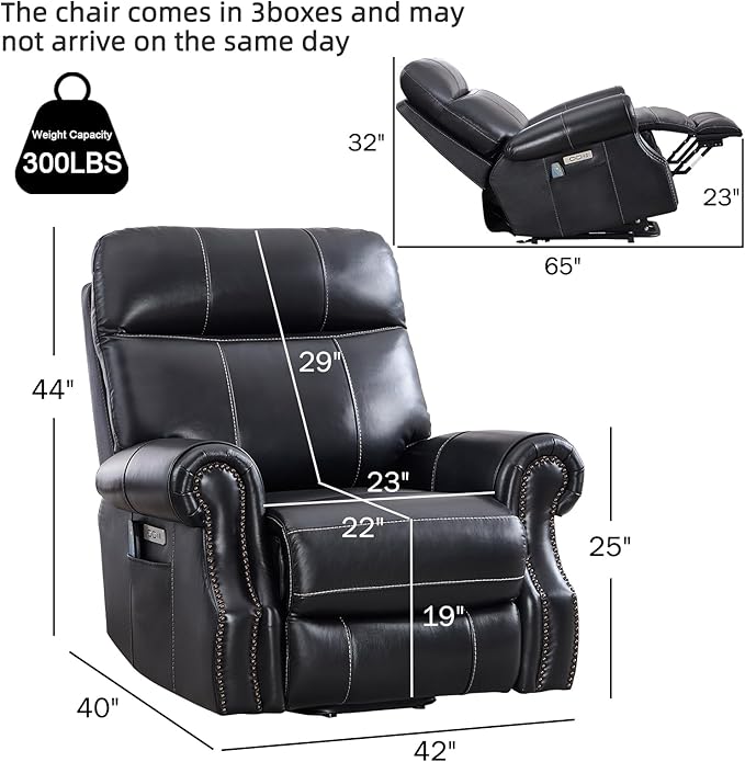 Phoenix Home Genuine Leather Power Lift Recliner Chair for Elderly with Massage and Heating, Electric Recliner for Seniors with Extended Footrest, Type-C and USB Port, Side Pocket, Black