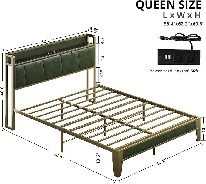 LIKIMIO Queen Bed Frame, Storage Headboard with Charging Station, Solid and Stable, Noise Free, No Box Spring Needed, Easy Assembly (Dark Green)