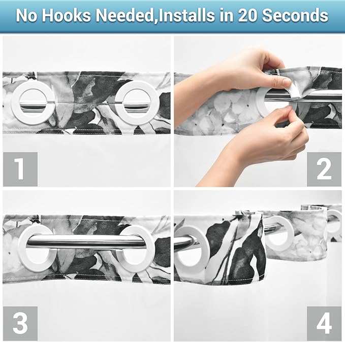 No Hook Shower Curtain with Snap in Liner - Eucalyptus Shower Curtain - Washable Waterproof Inner Liner, Plants Black Leaves Modern Shower Curtains - Machine Washable, 71 x 77